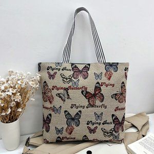 Tapestry Shopper Tote Bag Butterflies on Beige background – Large Tote Mega Bag